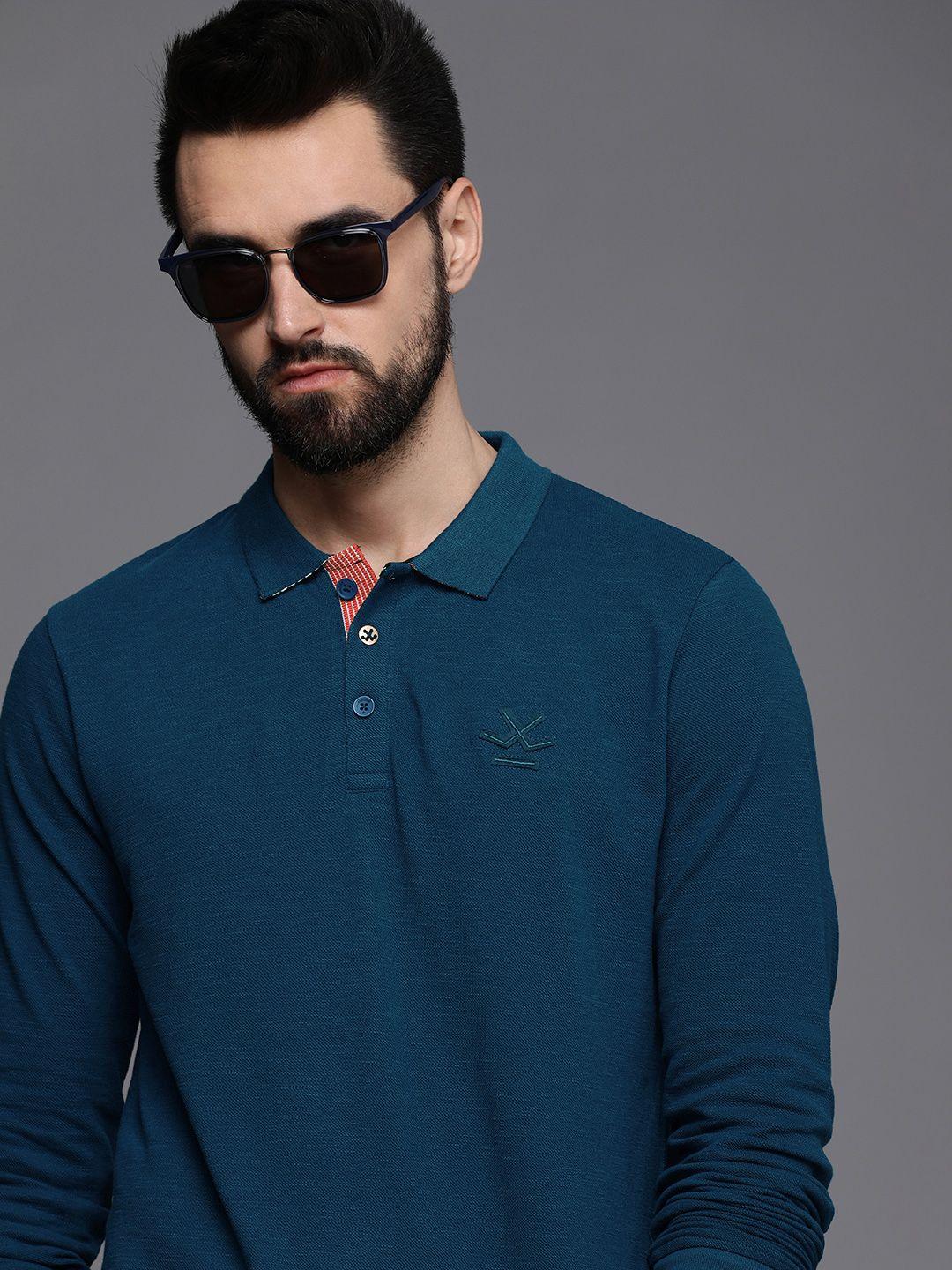 wrogn men teal blue polo collar slim fit pure cotton t-shirt