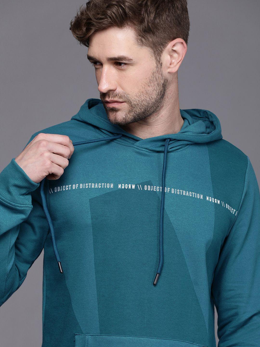 wrogn men teal blue printed hooded pullover sweatshirt