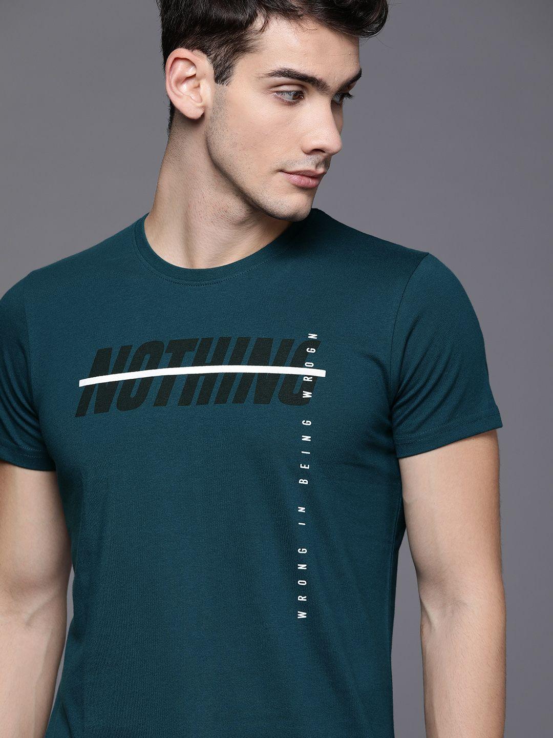 wrogn men teal blue printed round neck t-shirt