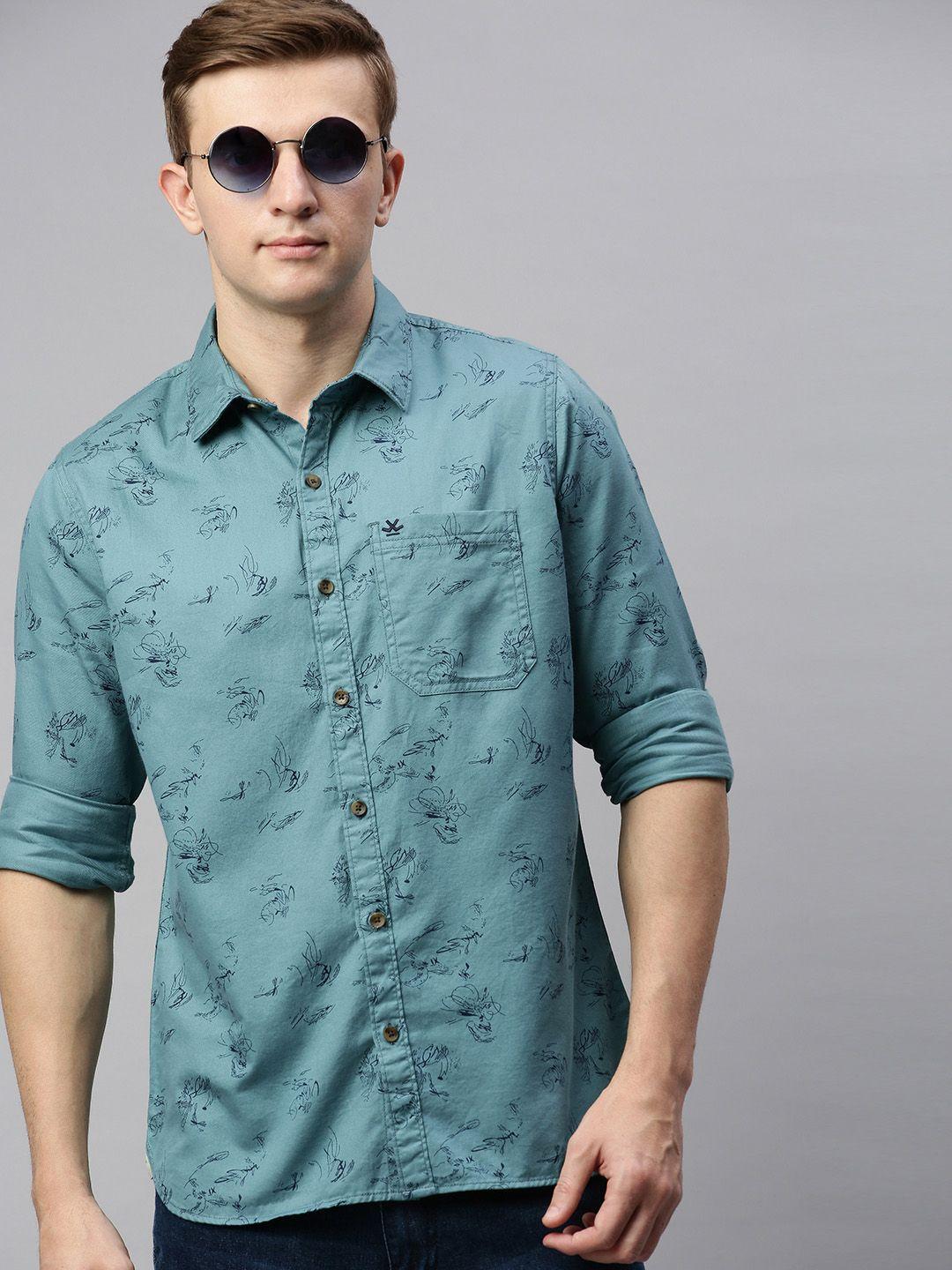 wrogn men teal blue slim fit printed casual shirt