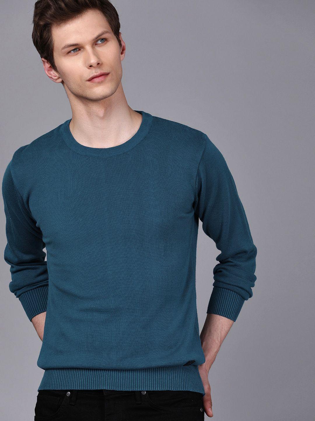 wrogn men teal blue solid pullover sweater