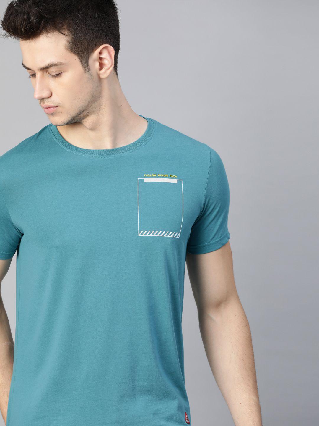 wrogn men teal blue solid t-shirt