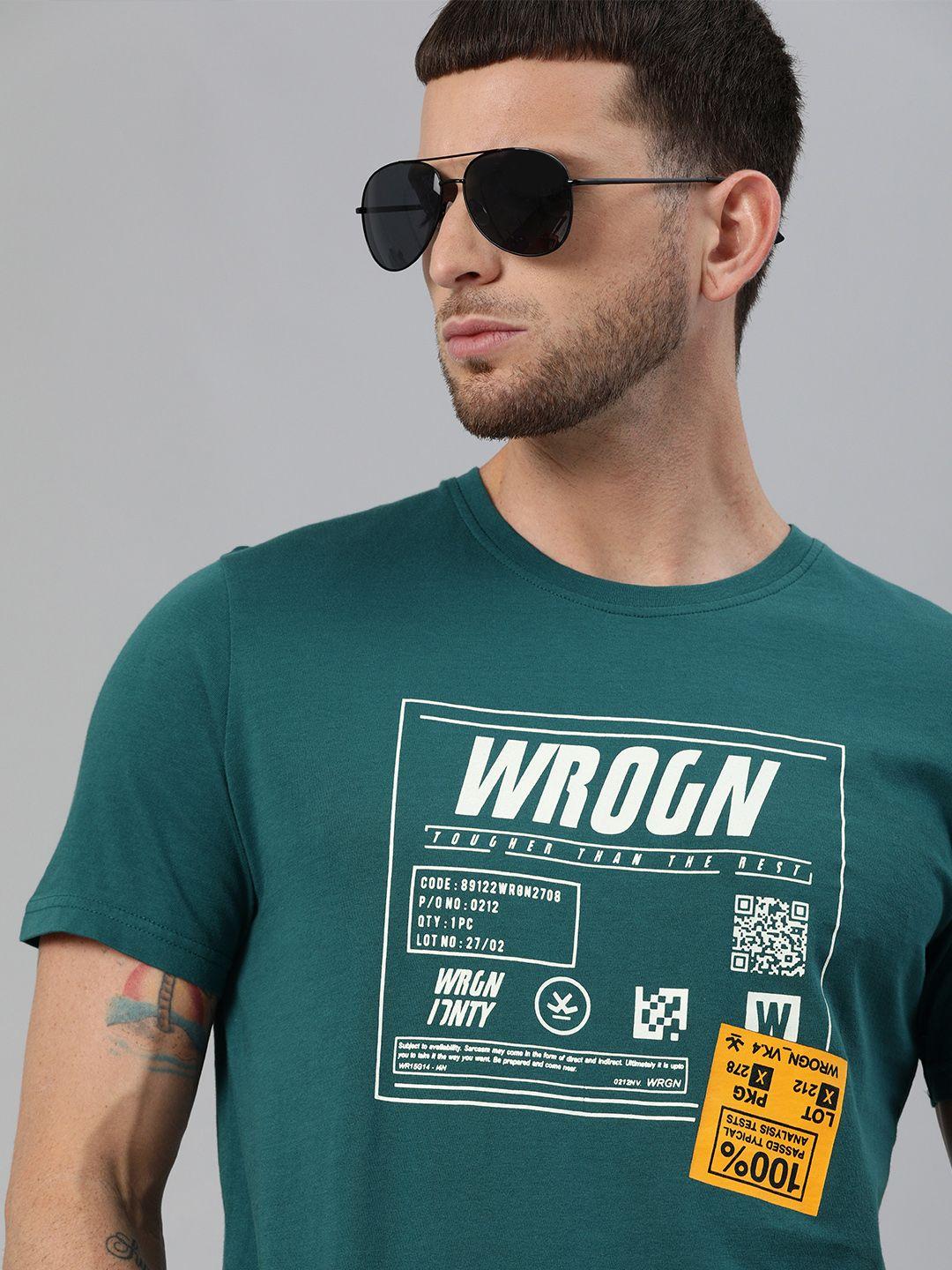 wrogn men teal green  white brand logo printed slim fit round neck pure cotton t-shirt