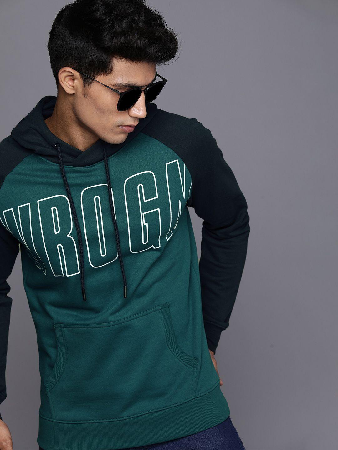 wrogn men teal green brand logo printed hooded contrast sleeve sweatshirt