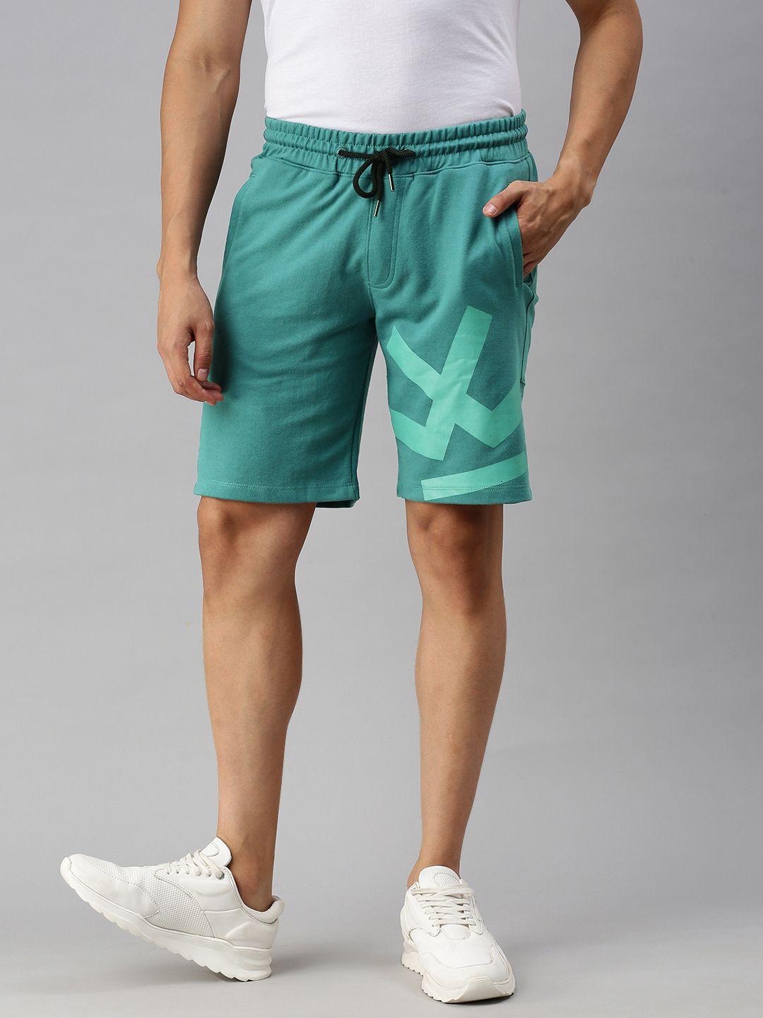 wrogn men teal green brand logo printed mid-rise regular shorts