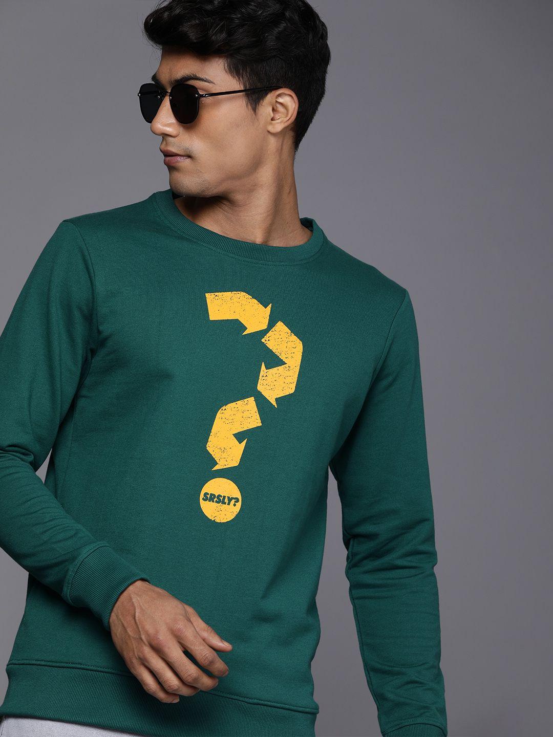 wrogn men teal green printed sweatshirt