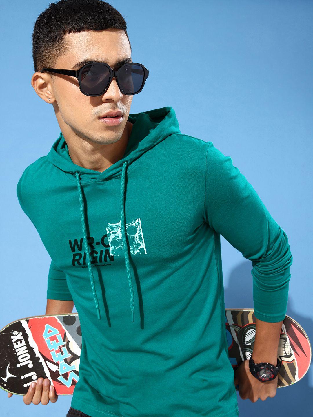 wrogn men teal green typography printed hooded pure cotton text & monograms t-shirt