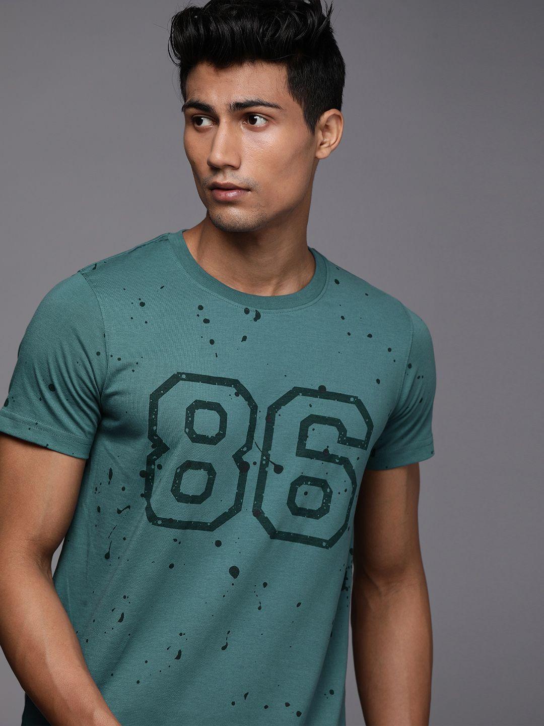 wrogn men teal green typography printed slim fit t-shirt