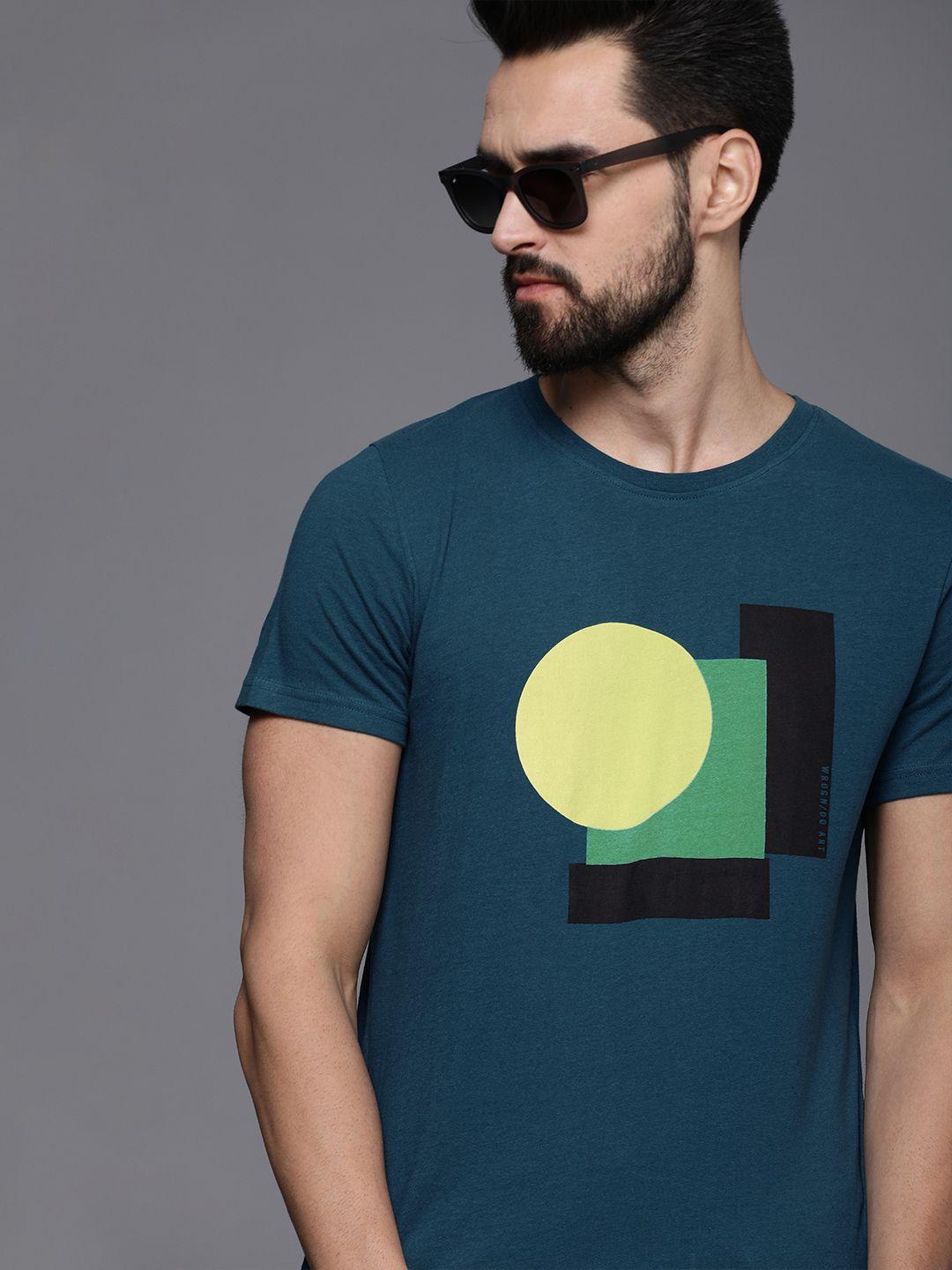 wrogn men teal printed pure cotton t-shirt