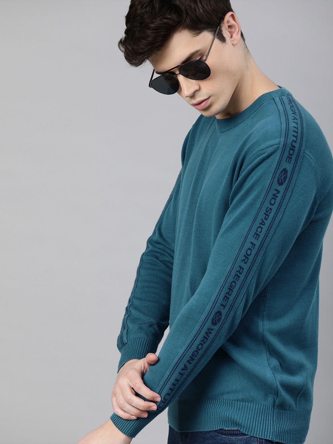 wrogn men teal solid pullover sweater