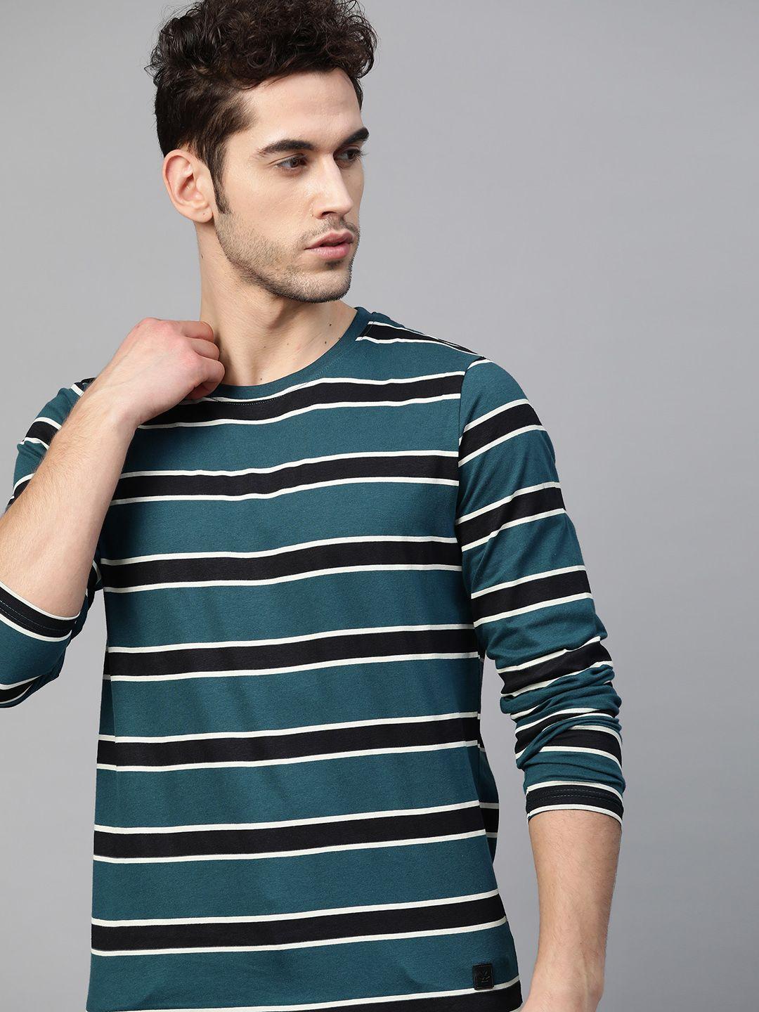 wrogn men teal striped round neck pure cotton t-shirt