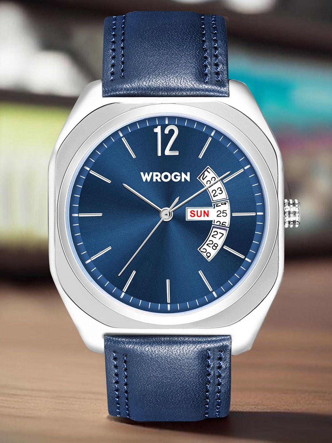 wrogn men textured dial & leather straps analogue watch wr-6605-blue