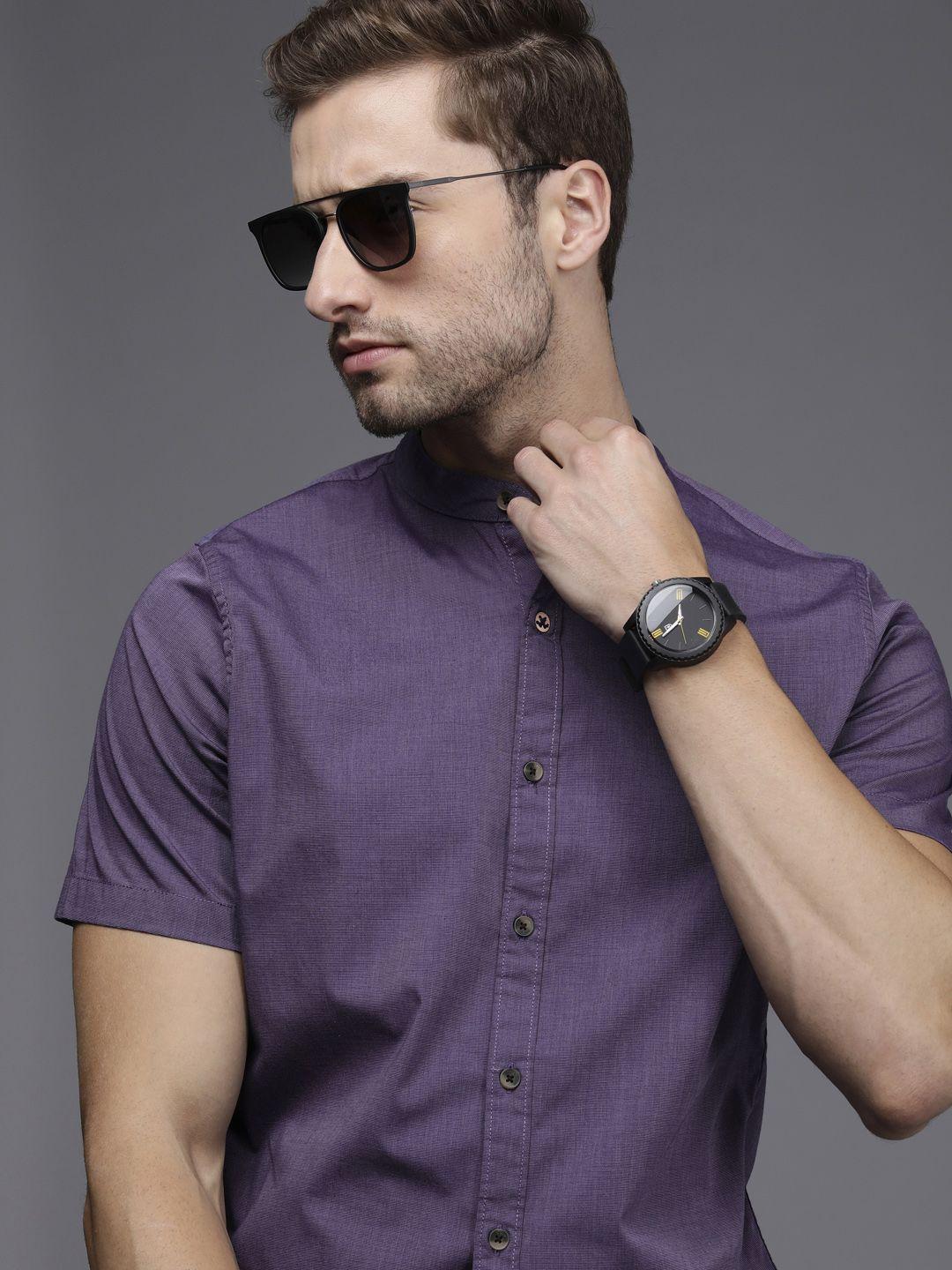 wrogn men violet solid slim fit pure cotton casual shirt