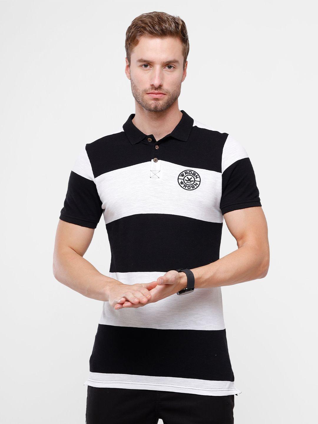 wrogn men white & black striped polo collar cotton slim fit t-shirt