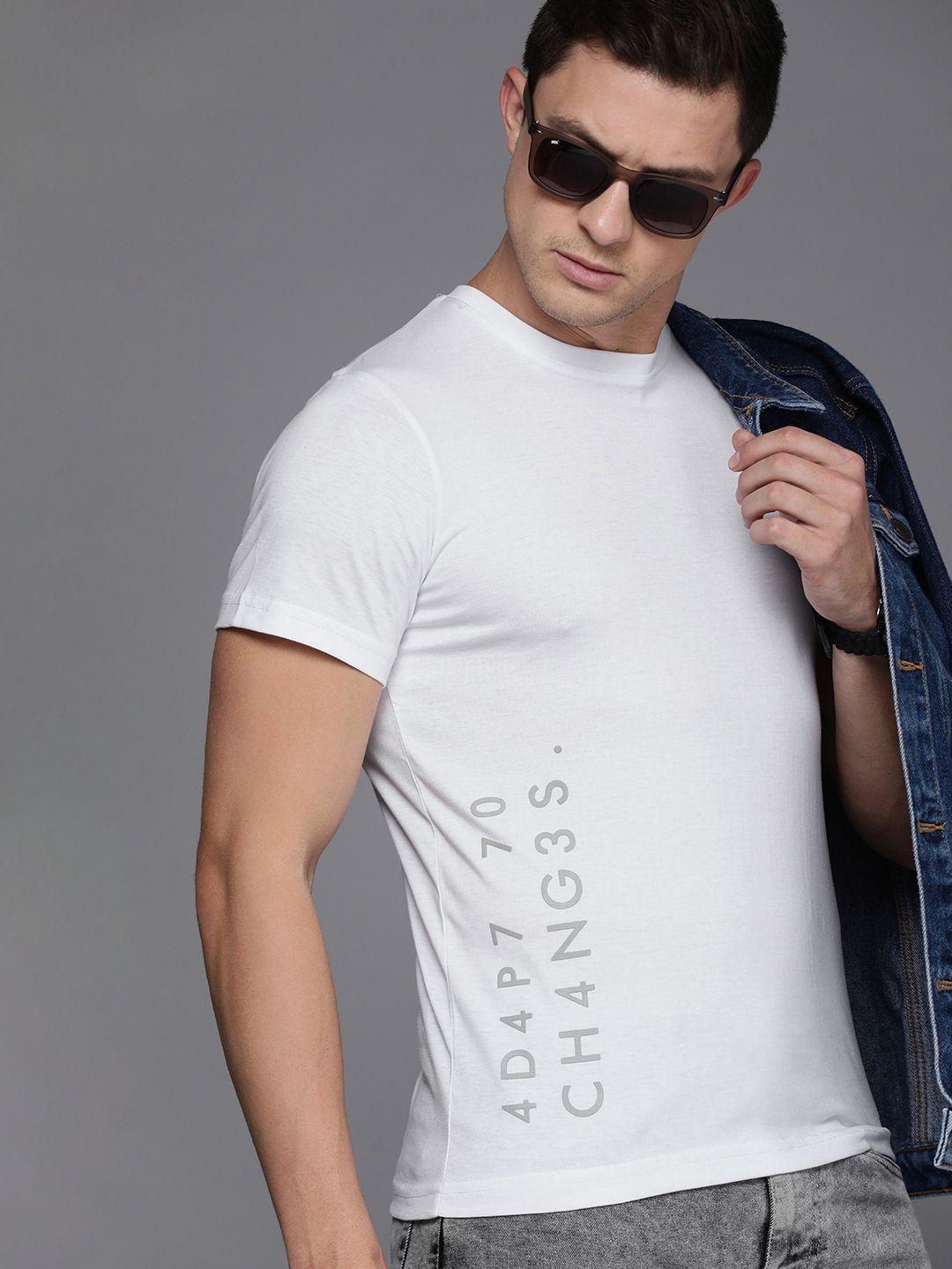 wrogn men white & grey typography printed slim fit t-shirt