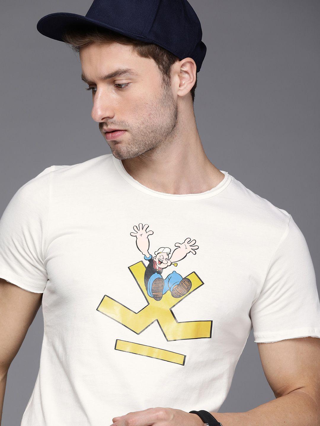 wrogn men white & multicoloured printed slim fit casual t-shirt