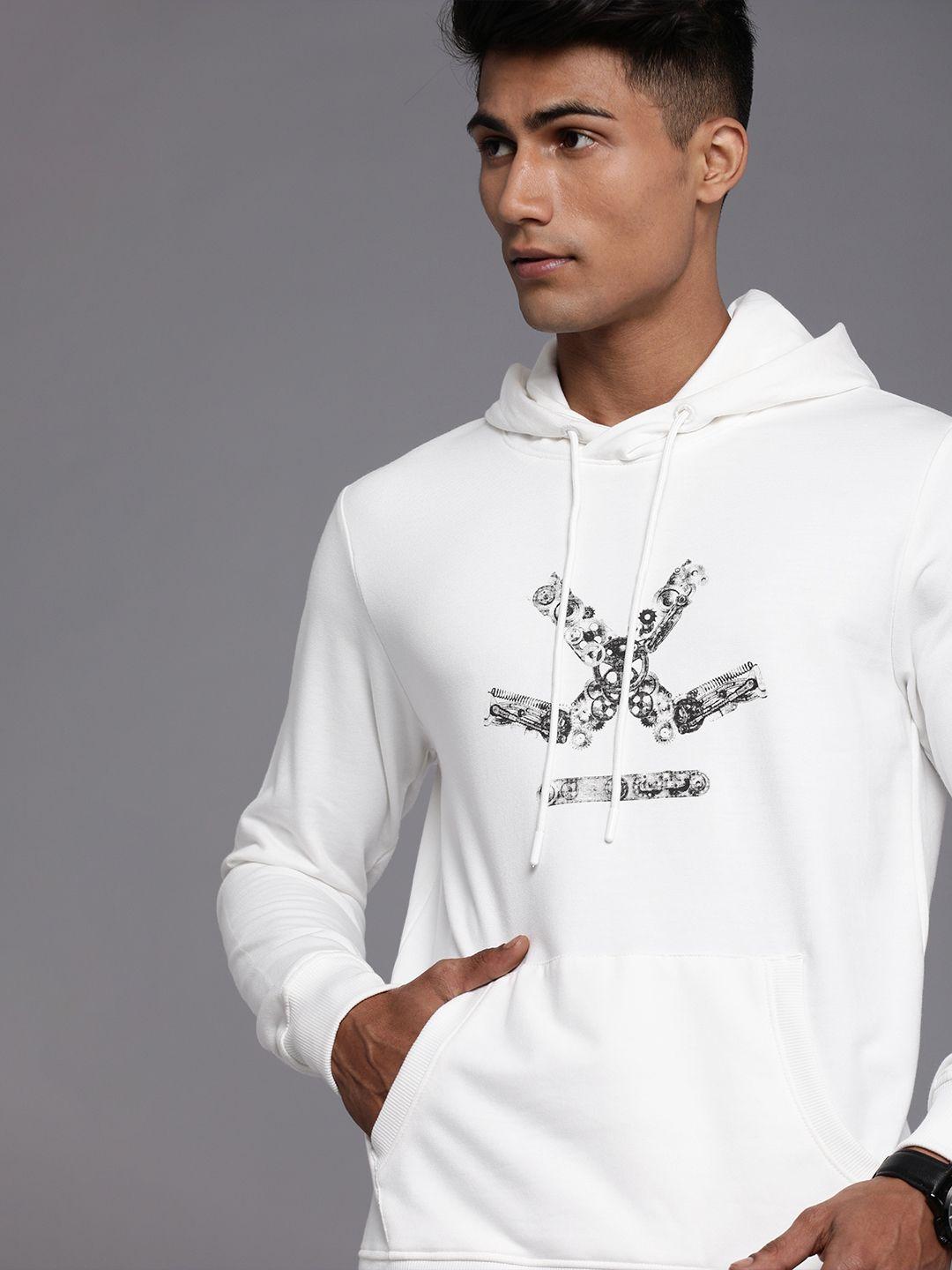 wrogn men white brand logo printed hooded sweatshirt