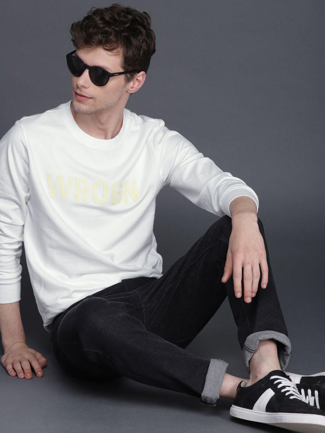 wrogn men white printed slim fit sweatshirt