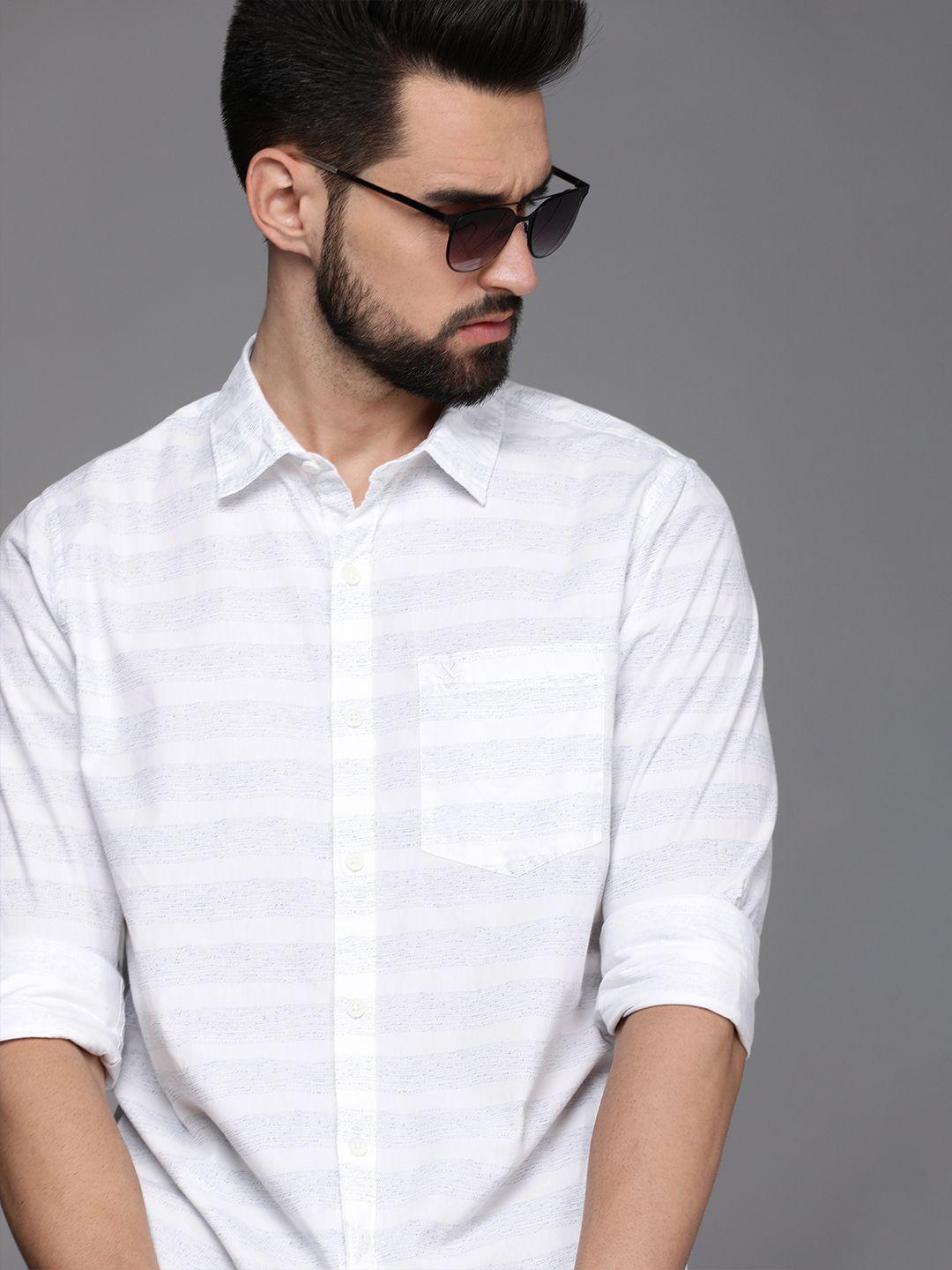 wrogn men white slim fit printed casual pure cotton shirt
