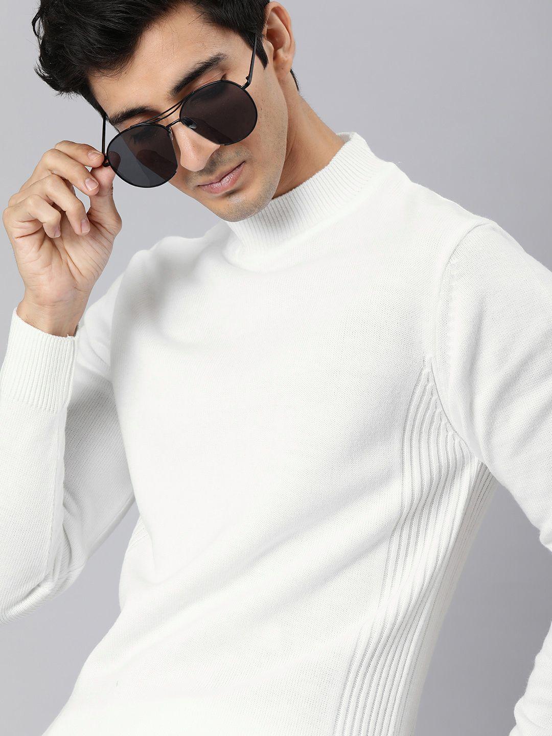 wrogn men white slim fit solid pullover sweater