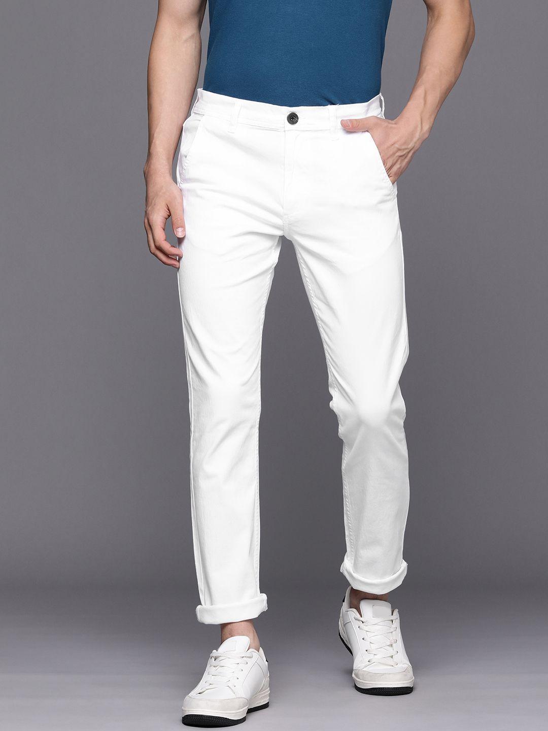 wrogn men white solid mid rise casual chinos trousers