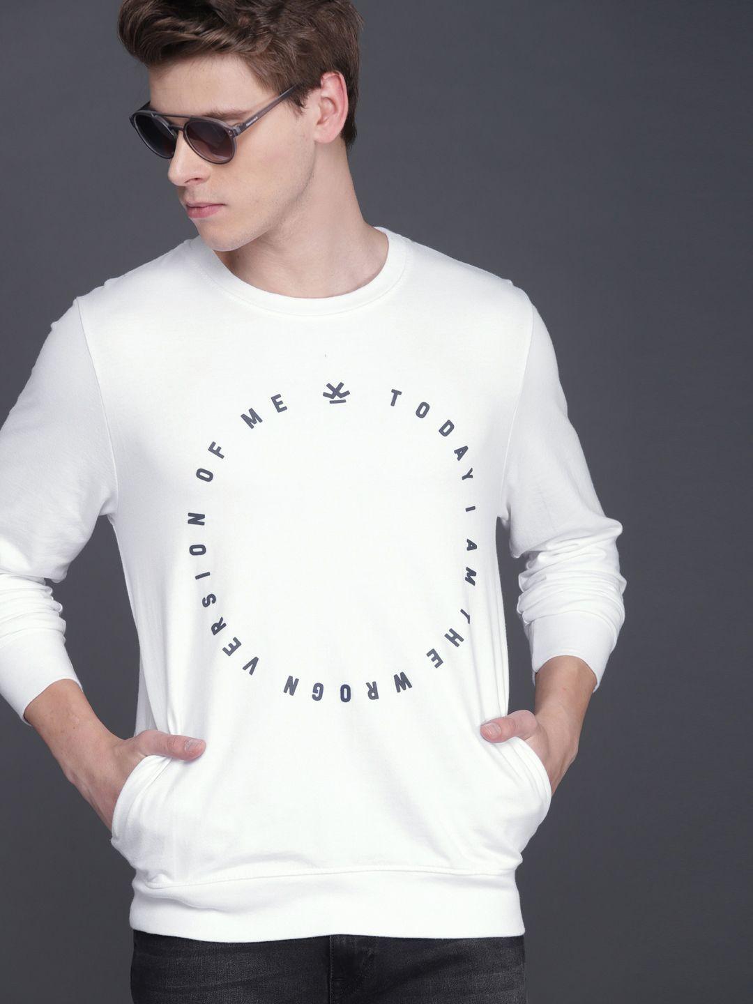 wrogn men white solid slim fit sweatshirt