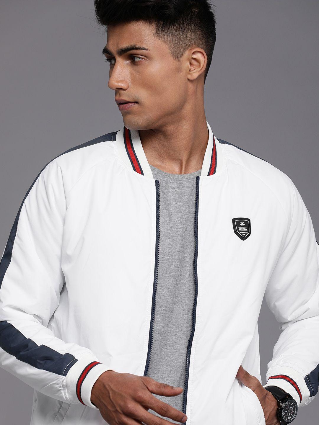 wrogn men white solid varsity jacket