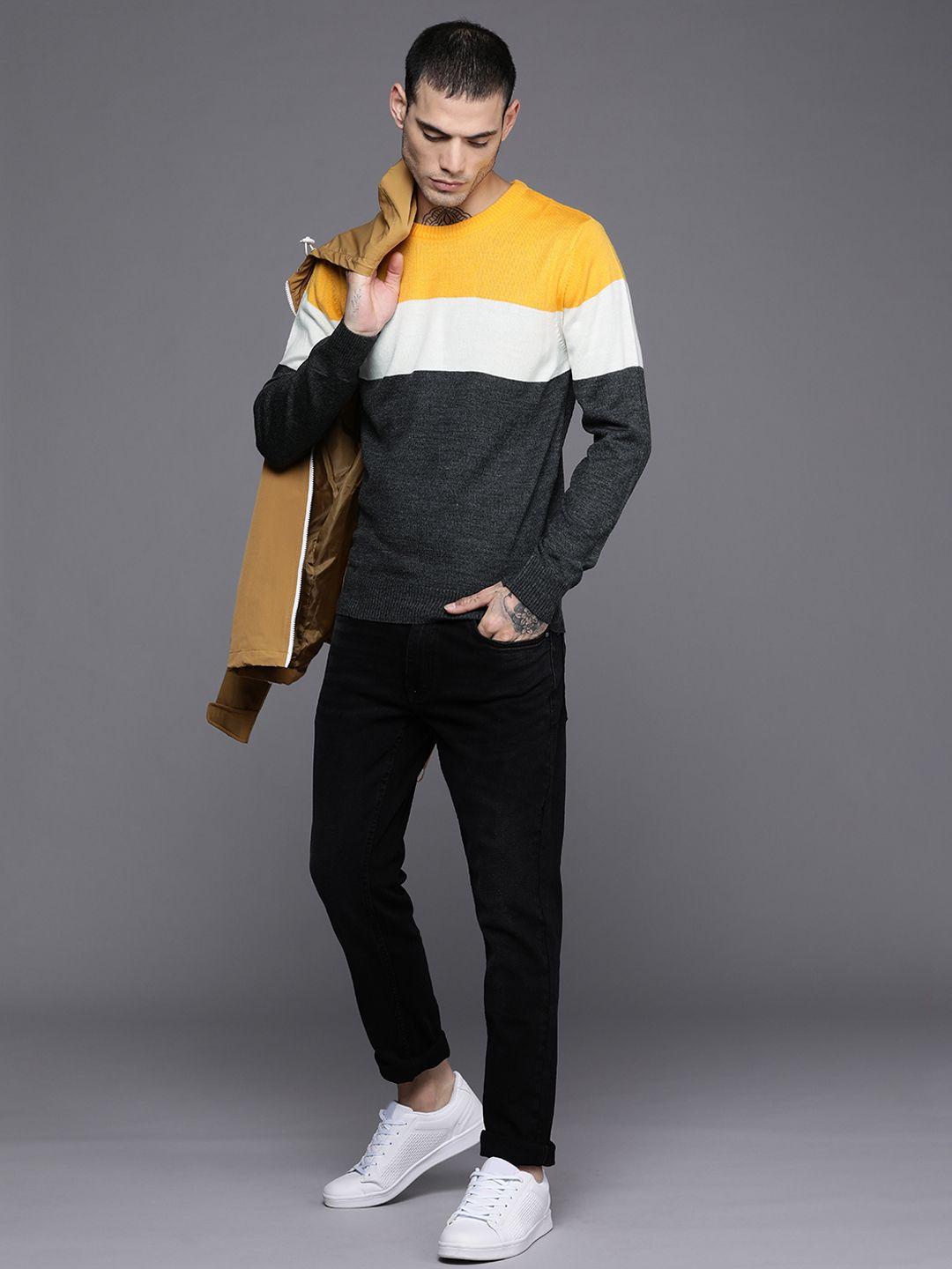 wrogn men yellow & charcoal grey colourblocked pullover sweater