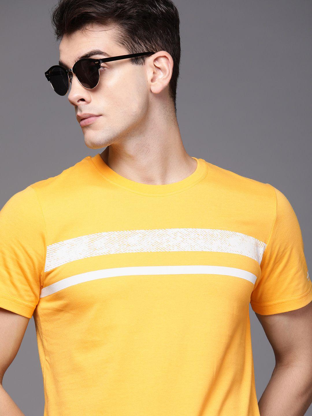 wrogn men yellow & white striped round neck t-shirt