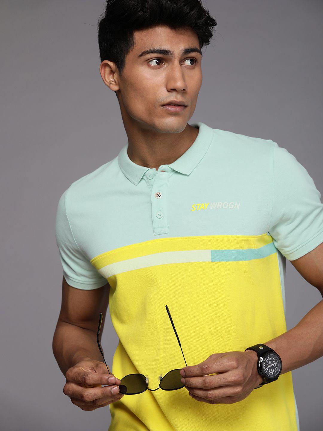 wrogn men yellow  blue colourblocked polo collar slim fit pure cotton t-shirt