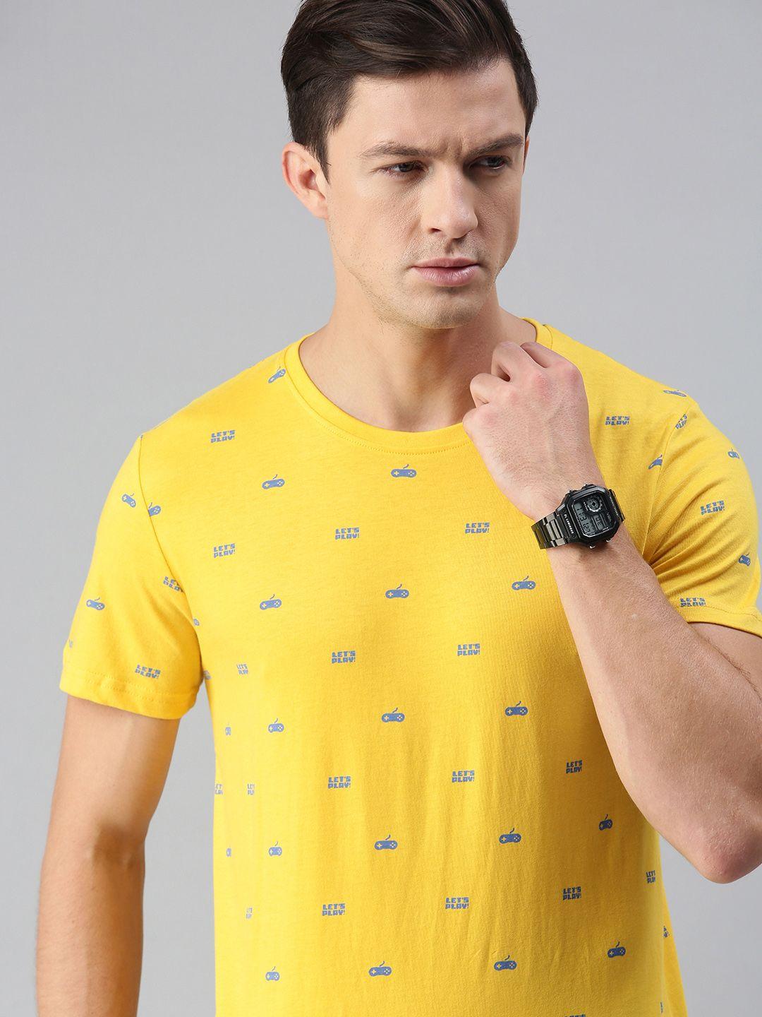 wrogn men yellow  grey printed pure cotton t-shirt