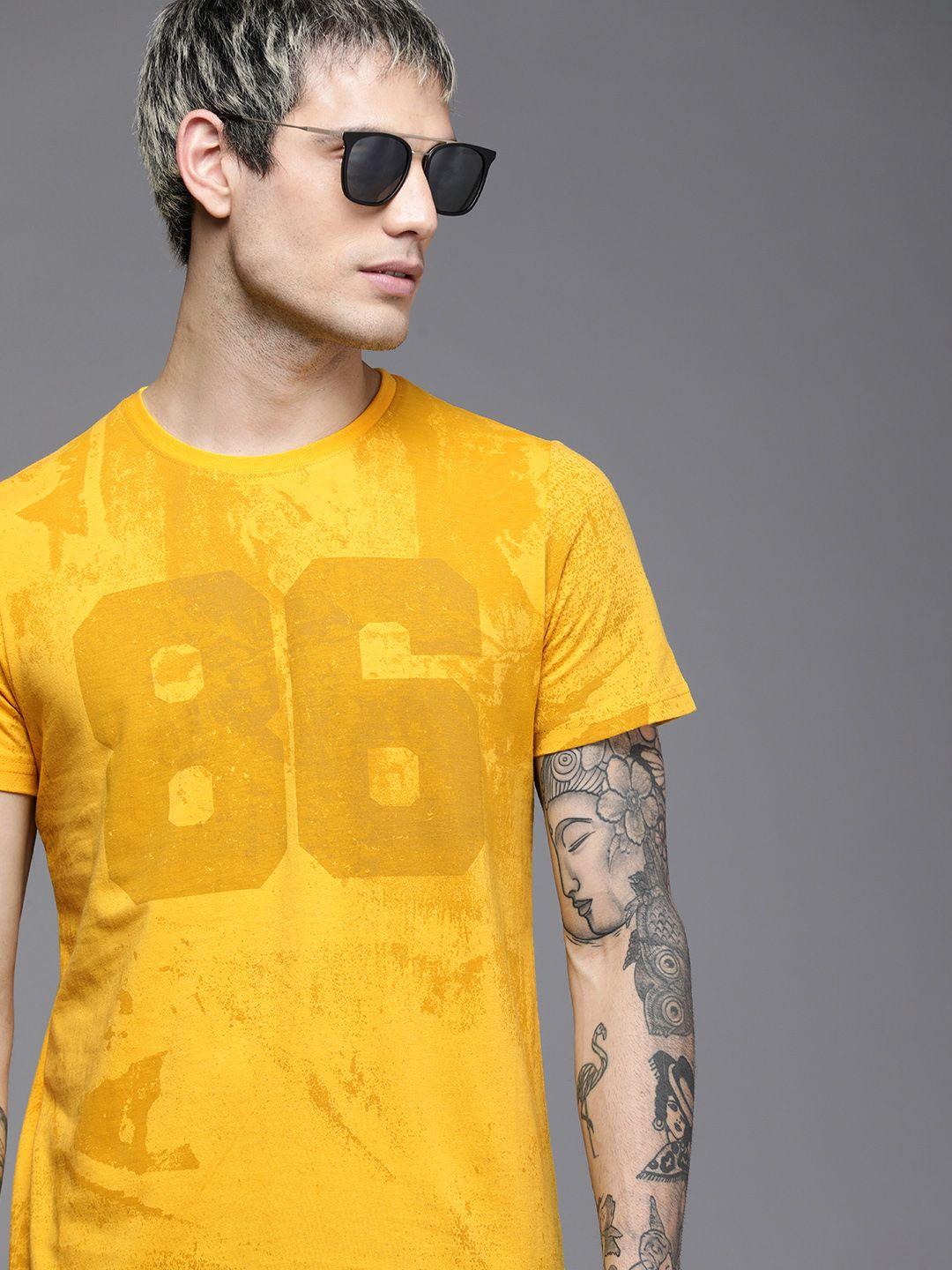 wrogn men yellow colourblocked printed casual t-shirt