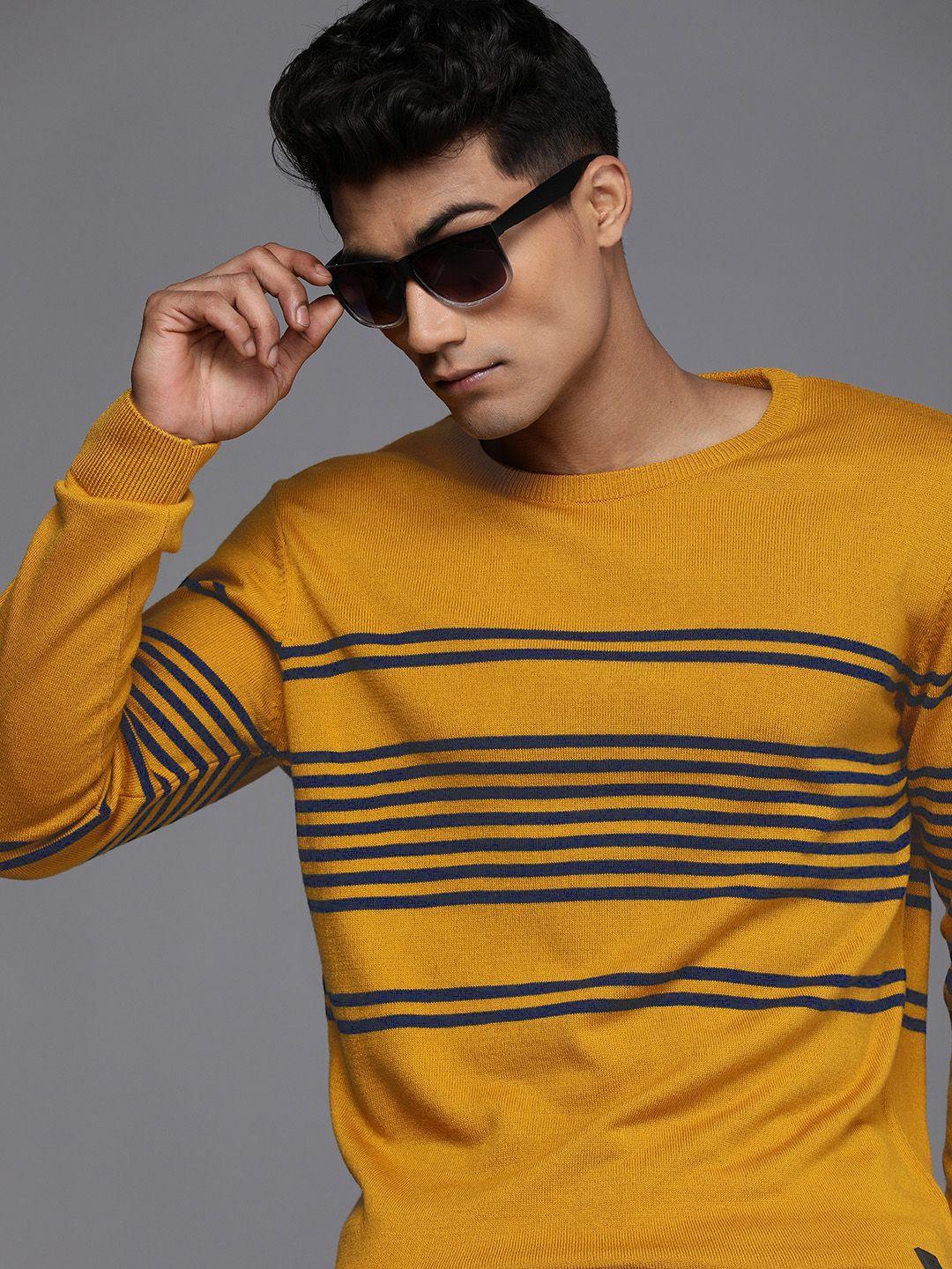 wrogn men yellow colourblocked pullover