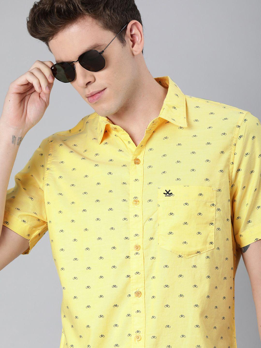 wrogn men yellow slim fit printed casual shirt