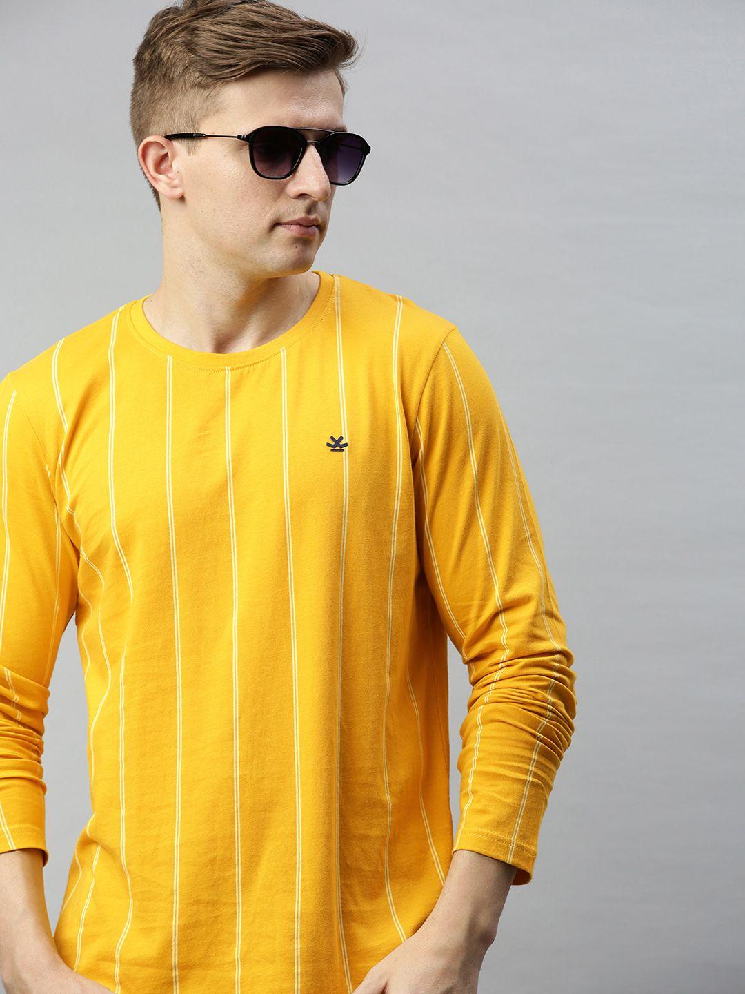 wrogn men yellow striped round neck pure cotton t-shirt