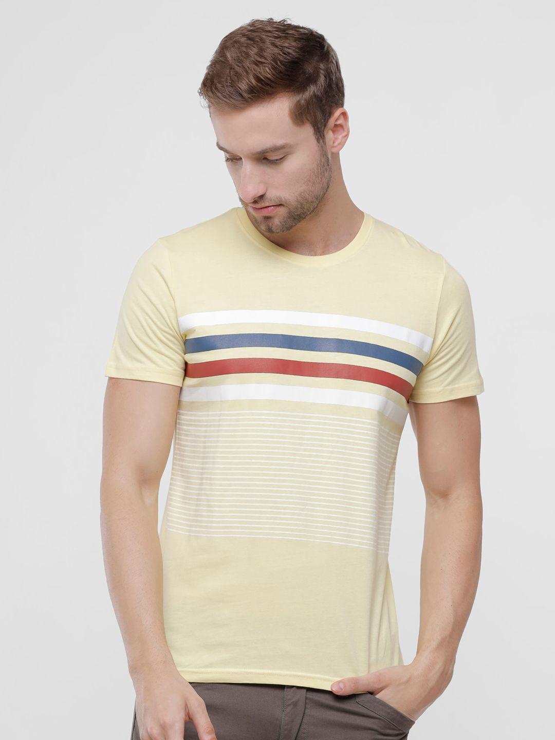 wrogn men yellow striped slim fit cotton t-shirt