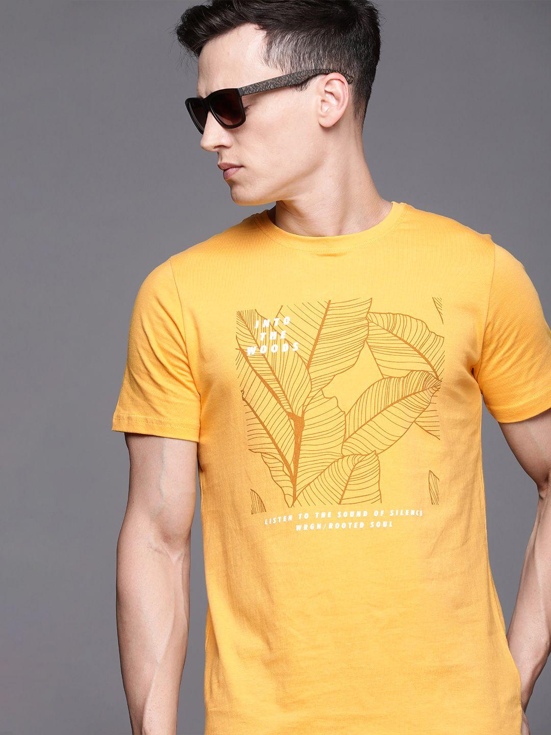 wrogn men yellow tropical printed pure cotton slim fit t-shirt