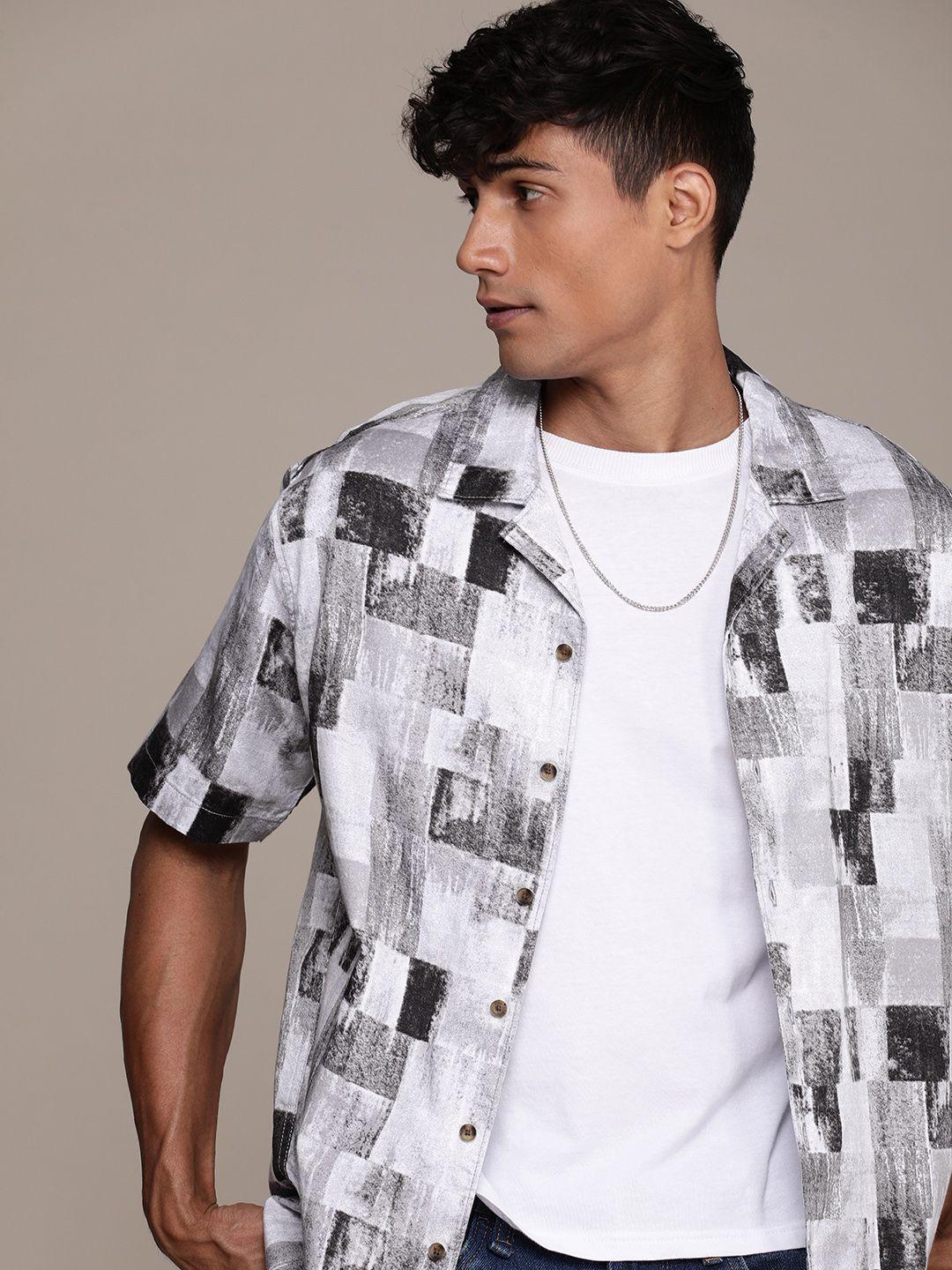 wrogn pure cotton abstract printed casual shirt