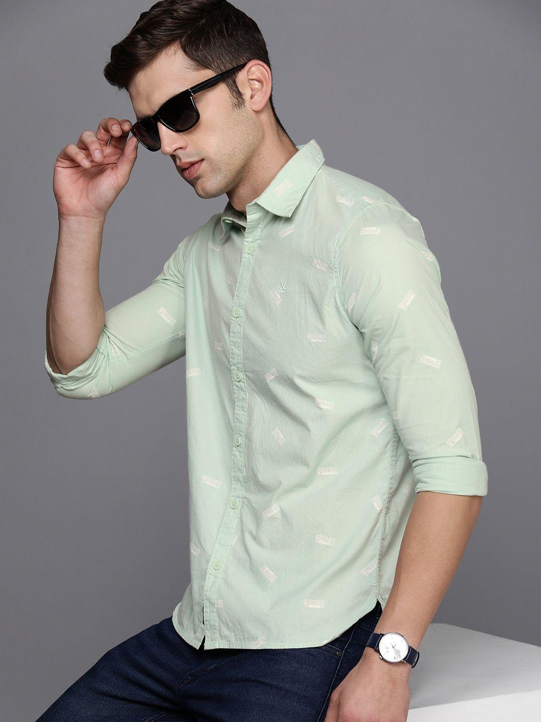 wrogn pure cotton brand logo printed slim fit casual shirt