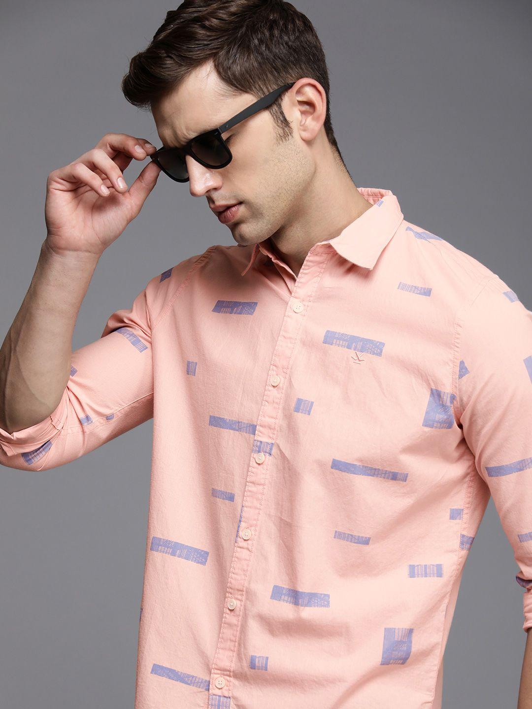 wrogn pure cotton geometric printed slim fit casual shirt