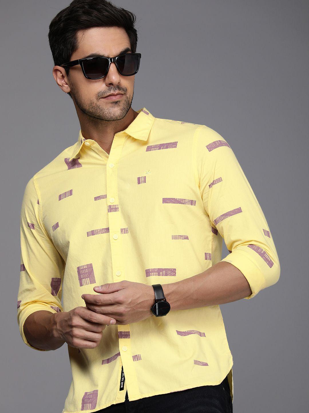 wrogn pure cotton geometric printed slim fit casual shirt