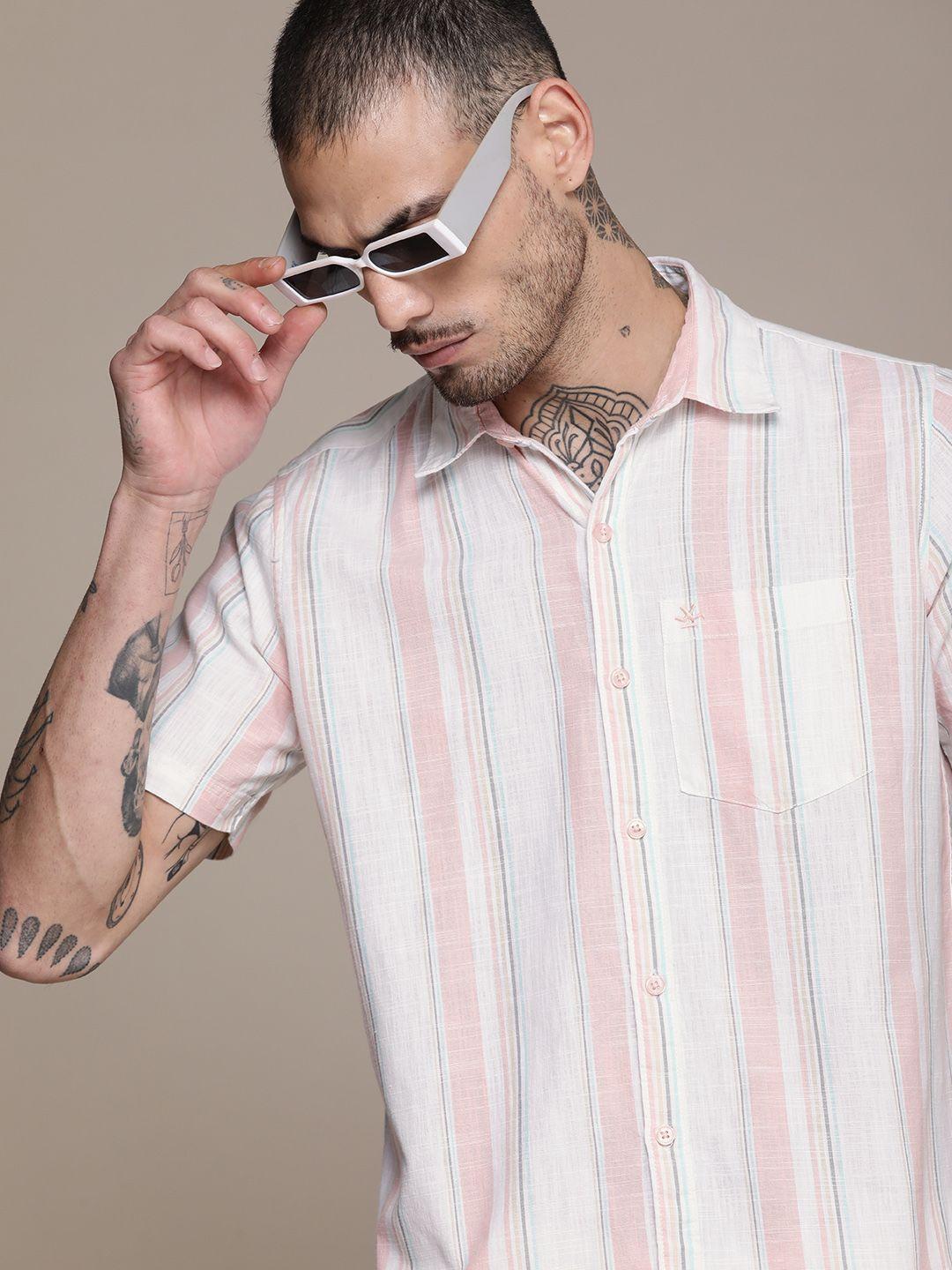 wrogn pure cotton slim fit opaque striped casual shirt