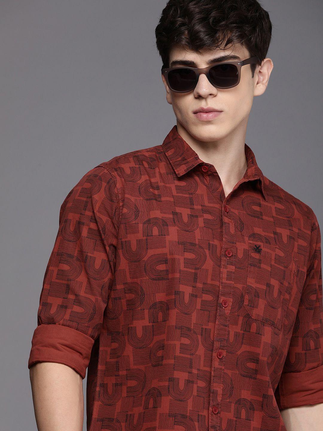 wrogn pure cotton slim fit printed casual shirt