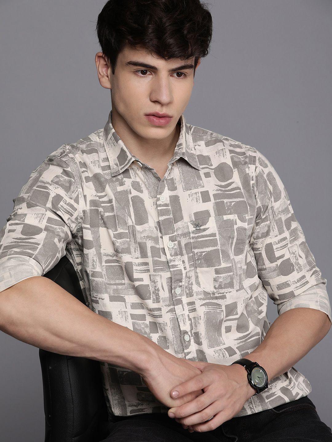 wrogn pure cotton slim fit printed casual shirt