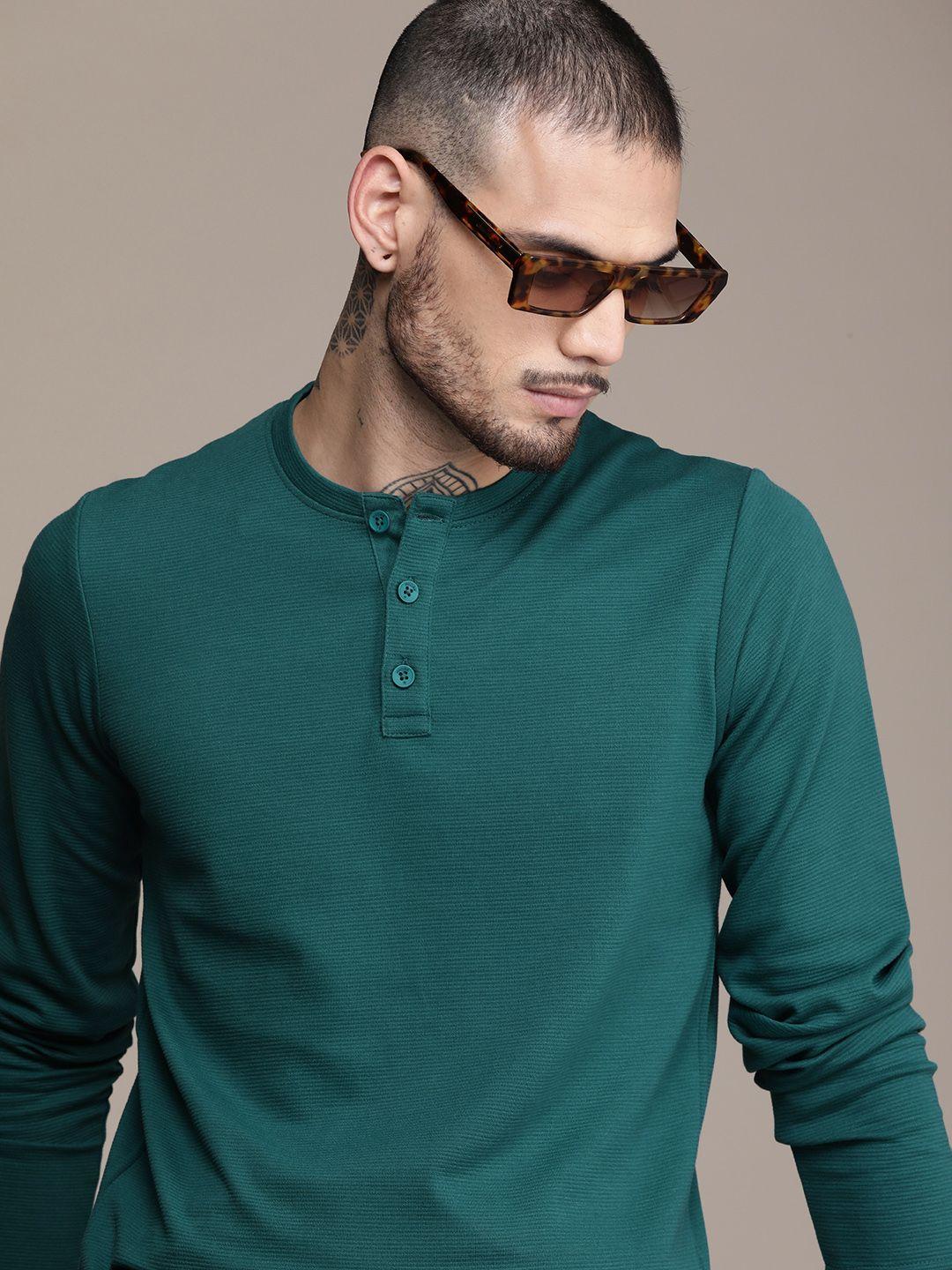 wrogn self design henley neck slim fit t-shirt