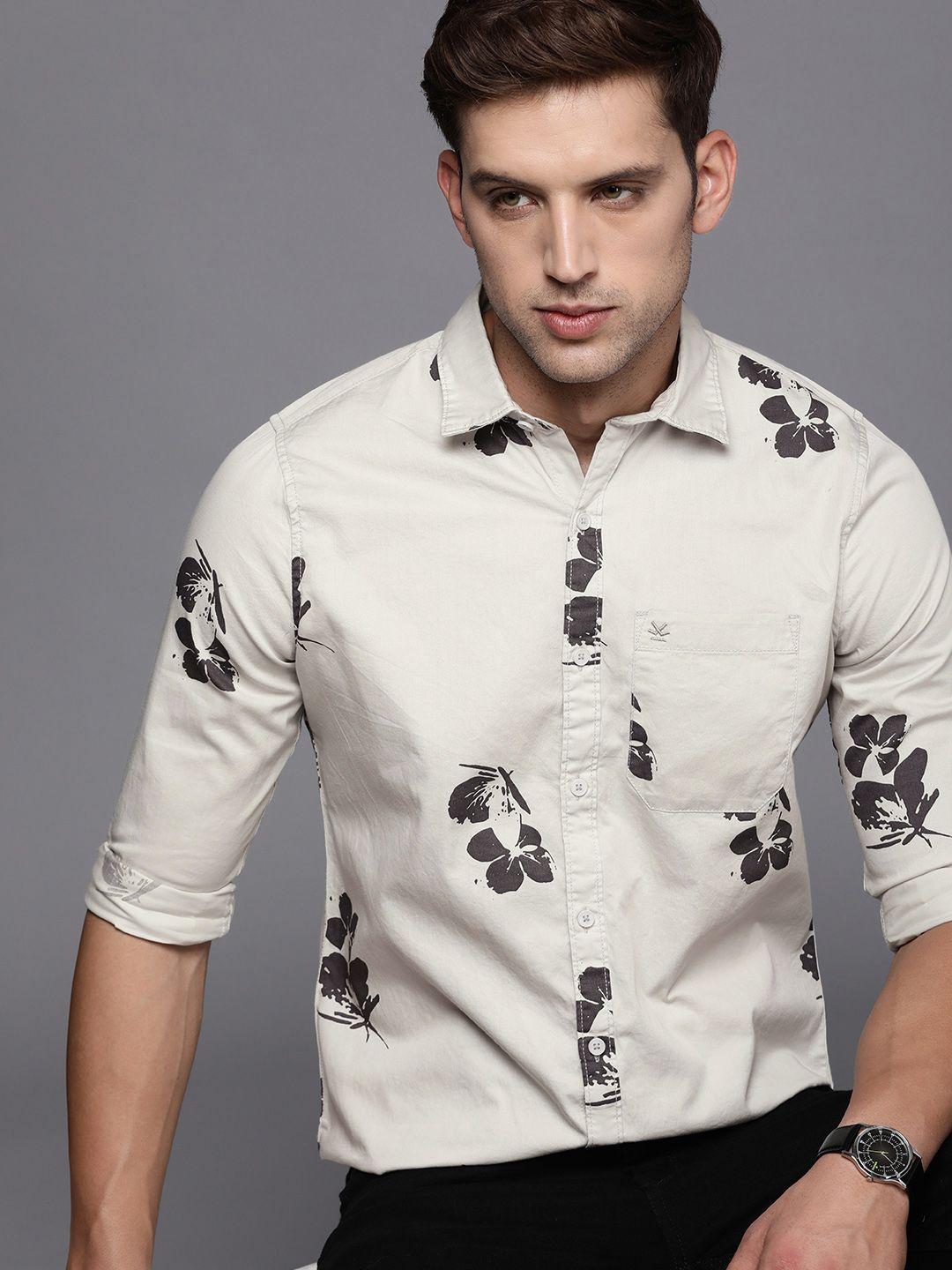 wrogn slim fit floral printed pure cotton casual shirt