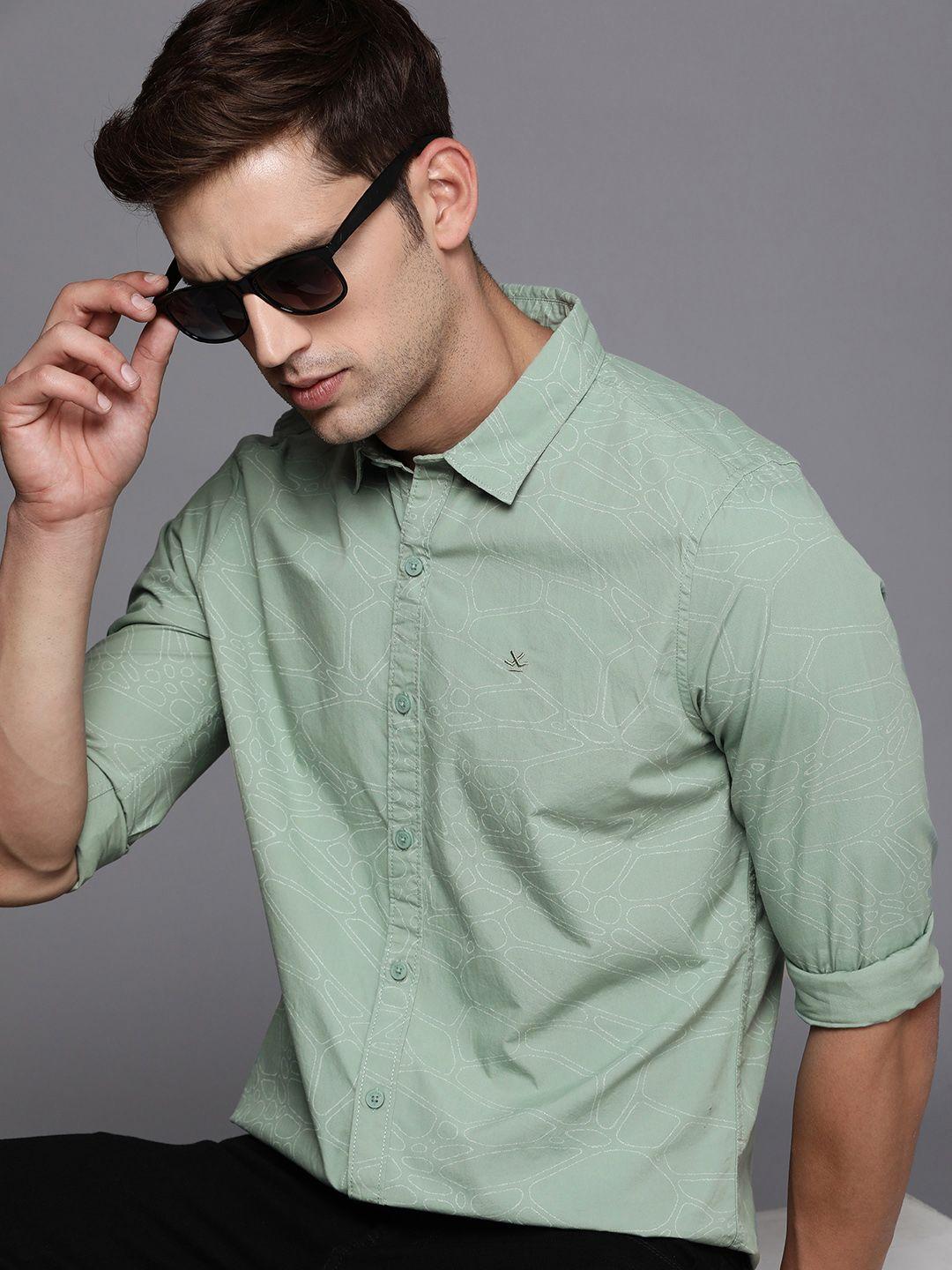 wrogn slim fit geometric printed pure cotton casual shirt