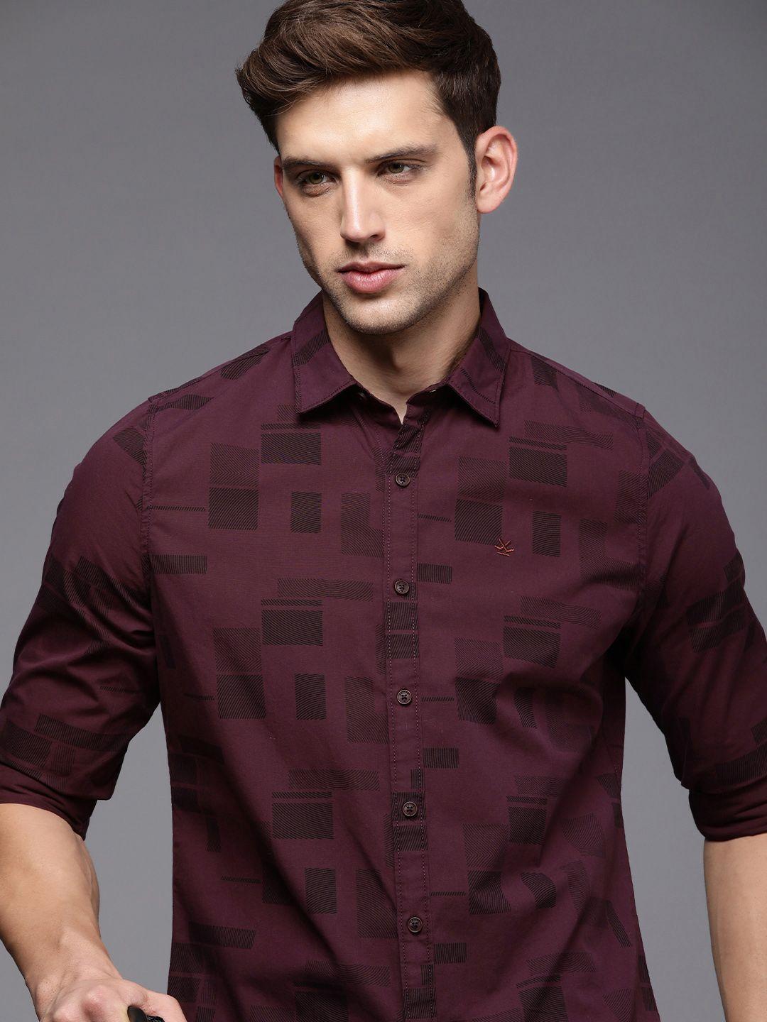 wrogn slim fit geometric printed pure cotton casual shirt