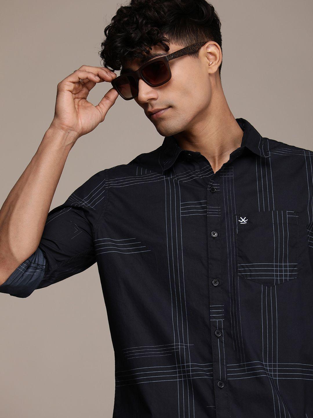 wrogn slim fit opaque striped pure cotton casual shirt