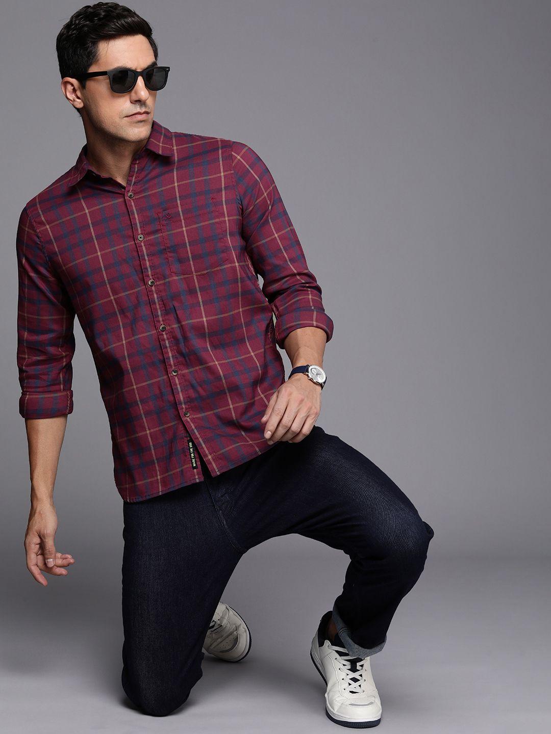 wrogn slim fit pure cotton checked casual shirt